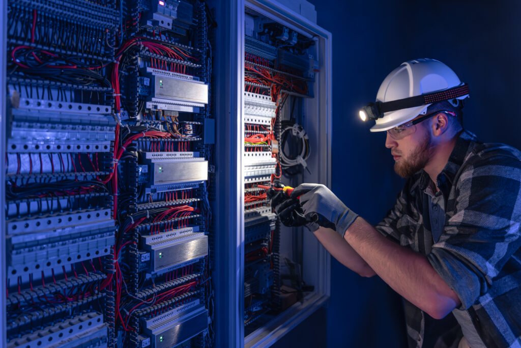 a male electrician works in a switchboard in overalls against the backdrop of emergency lighting.